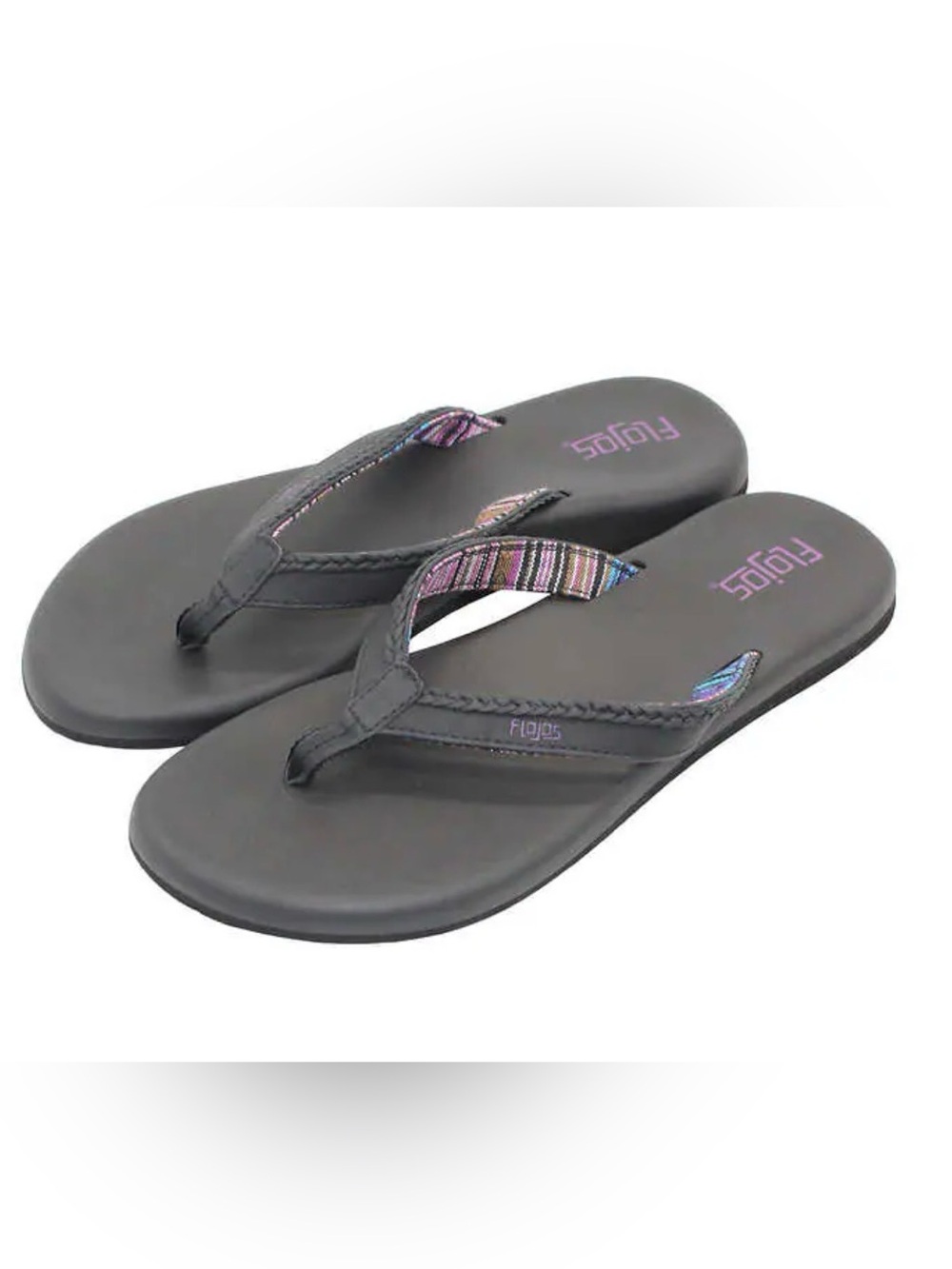 Flojos Black Flip Flop Sandals with Multicolor Striped Straps Size 9
